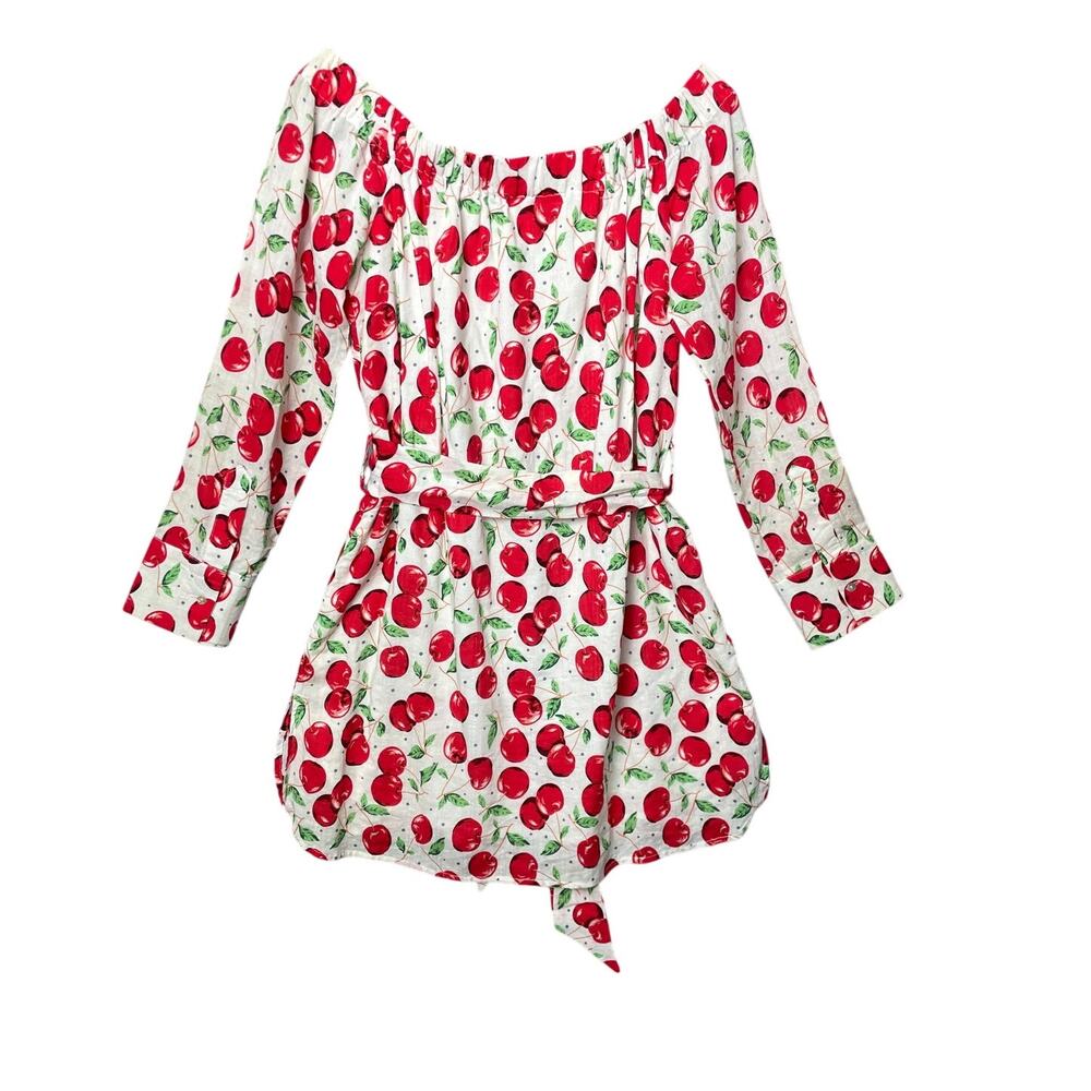 Umgee Cherry Fruit Long Sleeve Button Up Shirt Dress Size Small Cottage Retro - Picture 2 of 5